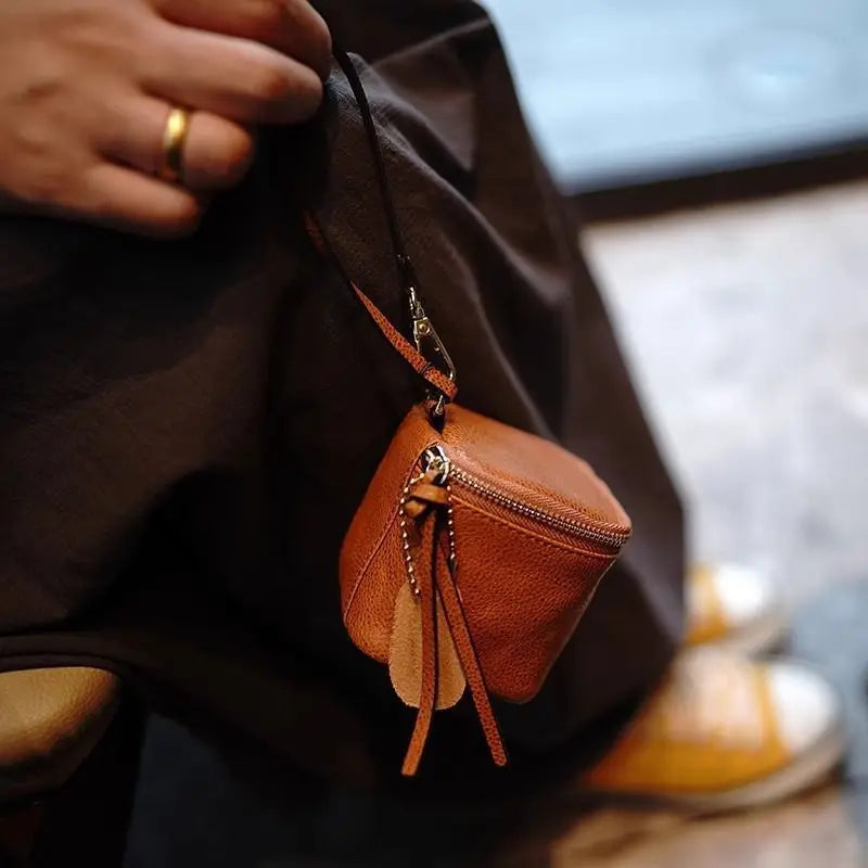 Leather Square Storage Bag Portable Hanging Zero Wallet Mini Makeup Bag Coin Holder Headphone Organizer Travel Essential Peaceful Pleasures Health and Wellness Dark Bown