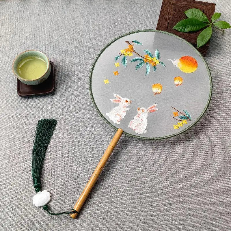 Su Embroidery Silk Round Hand Fan – Wooden Handle & Tassel