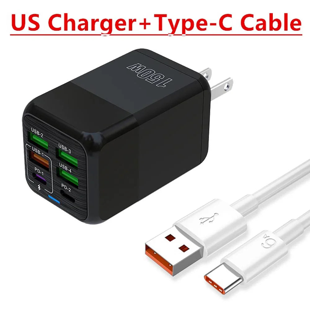 150W 6-Port USB-C Wall Charger | PD QC 3.0 Fast Charging