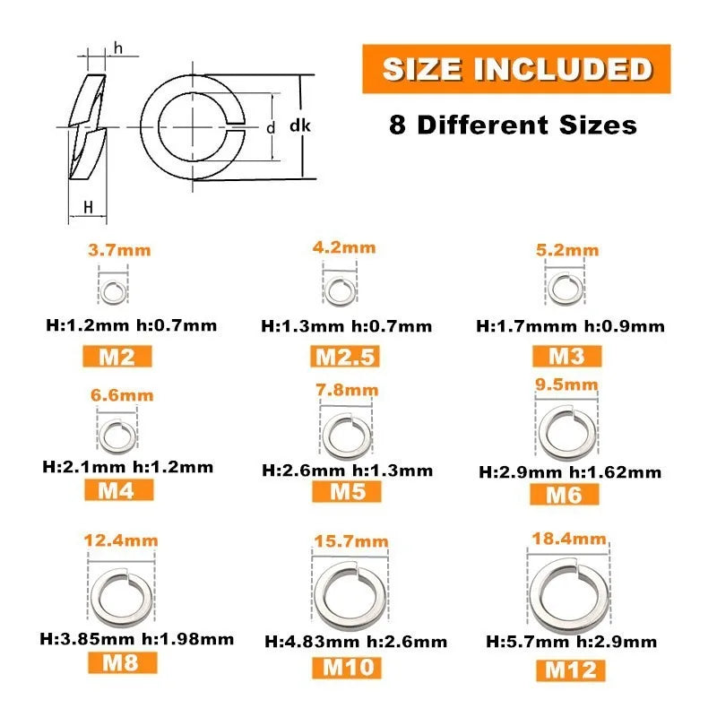 480pc 304 Stainless Steel Lock Washer Set M3–M10 Assortment