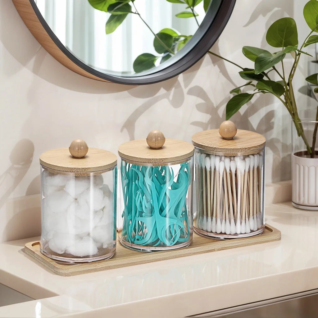 Clear Apothecary Qtip & Cotton Ball Holder with Vanity Tray – 10 oz Bathroom Organizer
