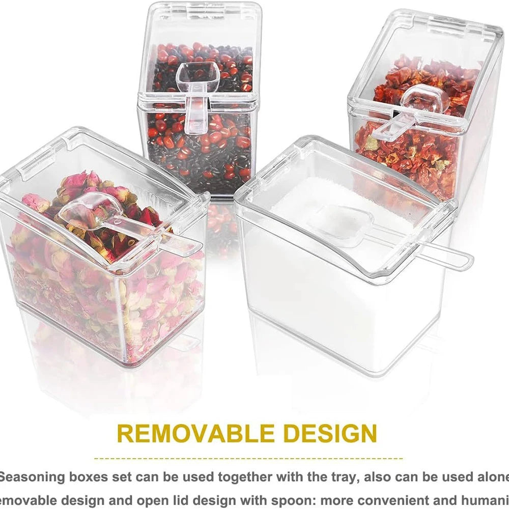 4 Pieces Kitchen Clear Seasoning Box Storage Container Condiment Jars Acrylic Seasoning Box with Cover and Spoon Peaceful Pleasures Health and Wellness