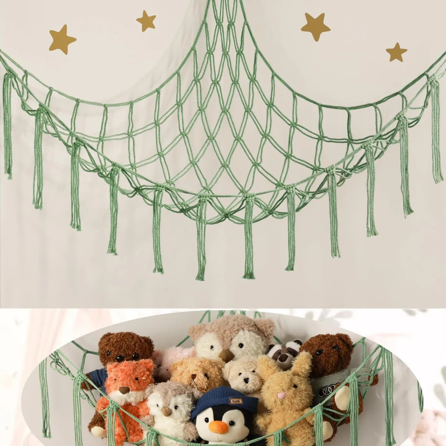 Corner Mounted Toy Storage Net Handwoven Cotton String Triangle Pouch Plush Doll Hammock Kids Room Organizer Peaceful Pleasures Health and Wellness LG 100x100x140