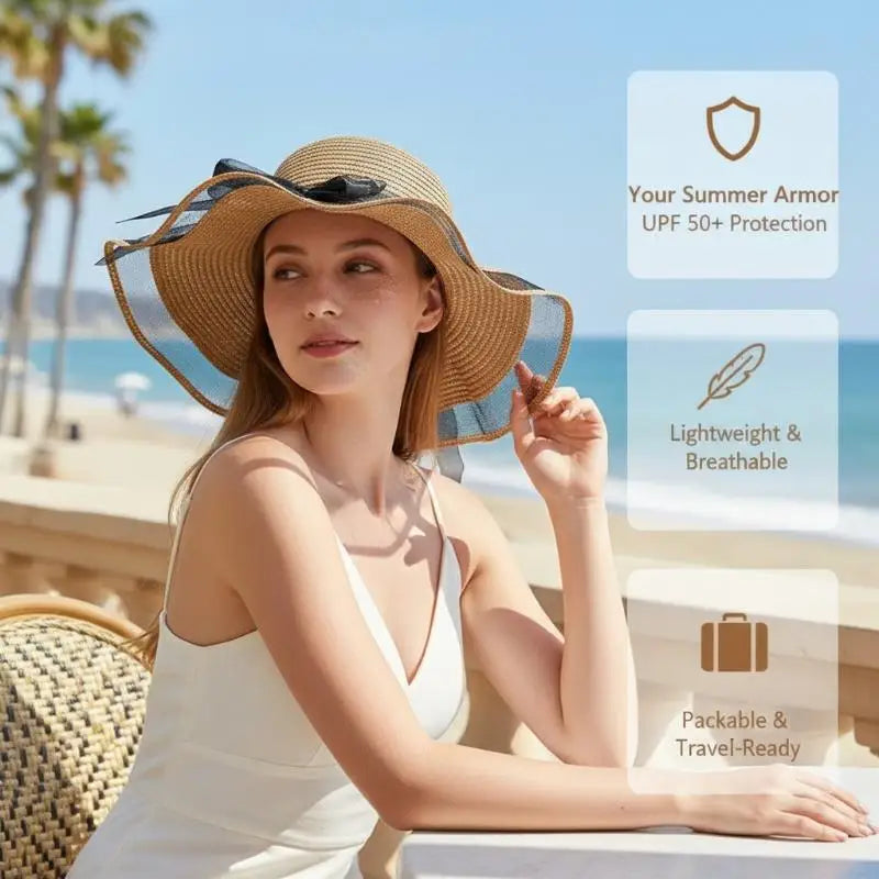 Women's Wide Brim Straw Sun Hat – UV Shield Beach Floppy Hat