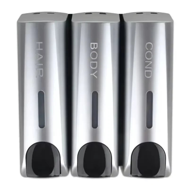 Bathroom Automatic soap dispenser Trio Wall Mounted Shampoo and Conditioner Dispenser, Conditioner Body Wash Dispenser Set Peaceful Pleasures Health and Wellness silver three