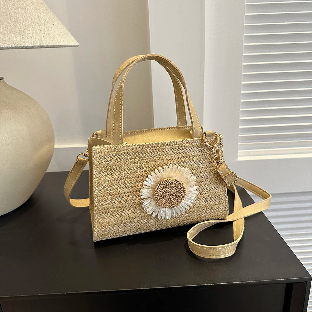 Sunflower Straw Shoulder Bag for Women – Woven Casual Handbag Shoulder Bag Peaceful Pleasures Health and Wellness