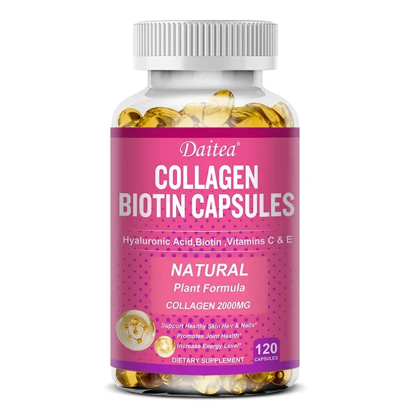Collagen Biotin Supplement - Hyaluronic Acid Biotin Vitamin C E - Hair Skin Nails Joint Support and Energy Boost Vegan Capsules Peaceful Pleasures Health and Wellness 120 count-1bottle