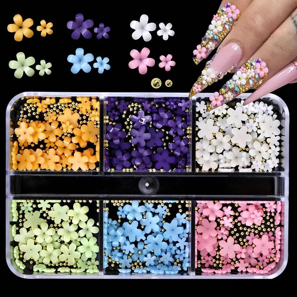 3D Acrylic Flower Nail Charms for Nail Art, Cute Colorful Floral Nail Charms with Caviar Beads & Flatback Pearls DIY Nail Decor Peaceful Pleasures Health and Wellness A- 6 gird