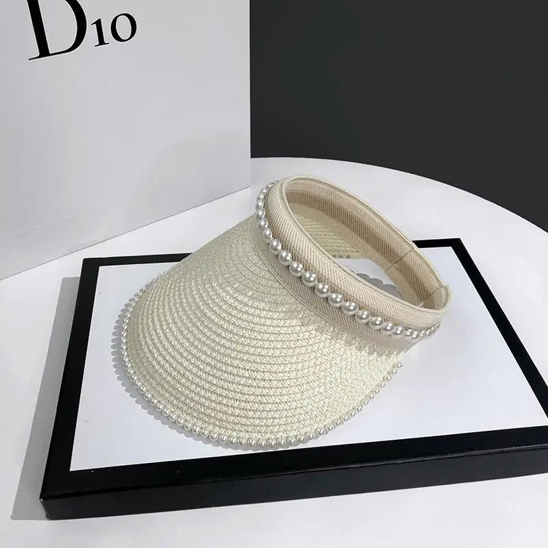 Women's Wide Brim Pearl Straw Sun Hat – Elegant Beach Cap