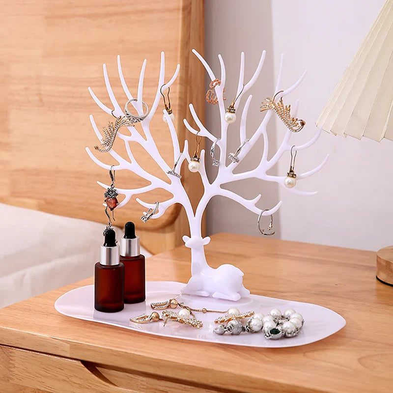 Reindeer Tree Jewelry Stand Organizer with Tray | Earrings & Necklaces