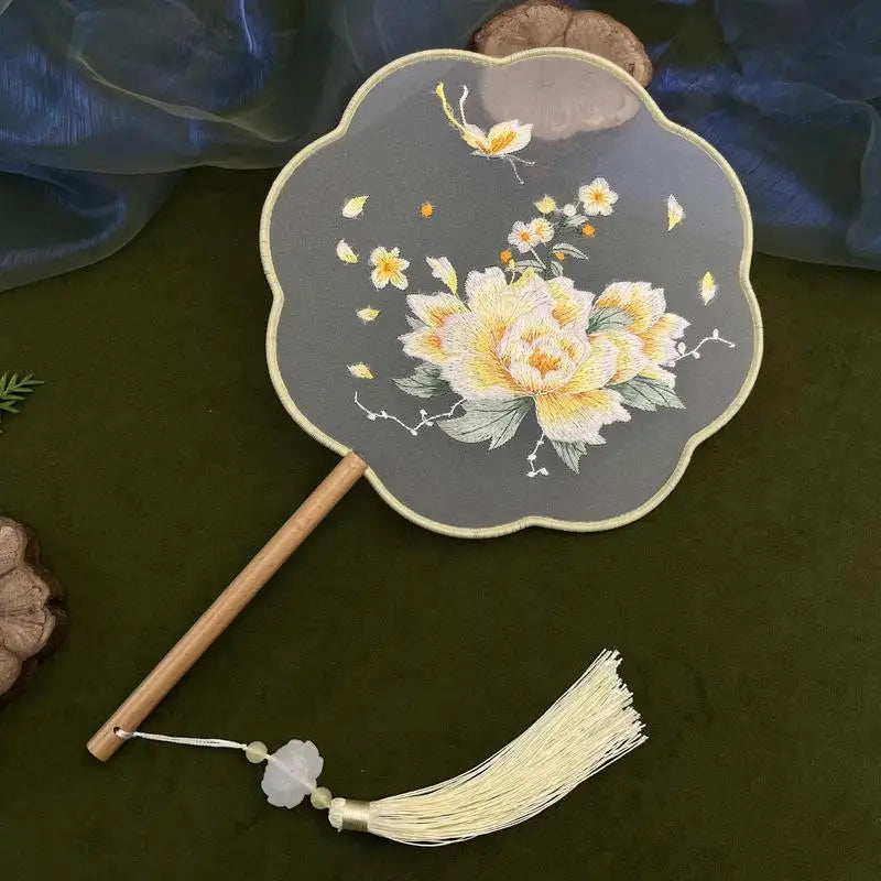 Su Embroidery Silk Round Hand Fan – Wooden Handle & Tassel