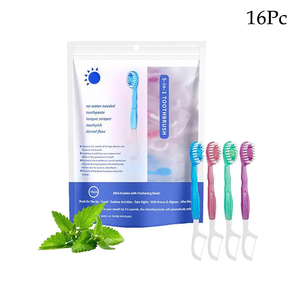 5 in 1 Bursting Bead Toothbrush Disposable Toothbrush with Toothpaste Tongue Scraper Flosses Kit refreshing Mint Bead Travel Peaceful Pleasures Health and Wellness C