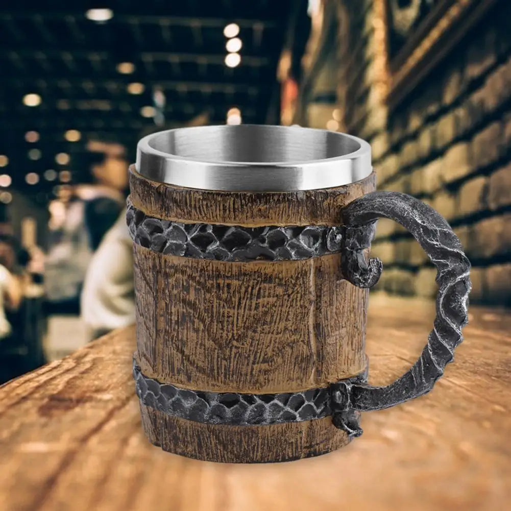 Wooden Barrel Beer Mug | Retro Double-Wall Resin & Steel