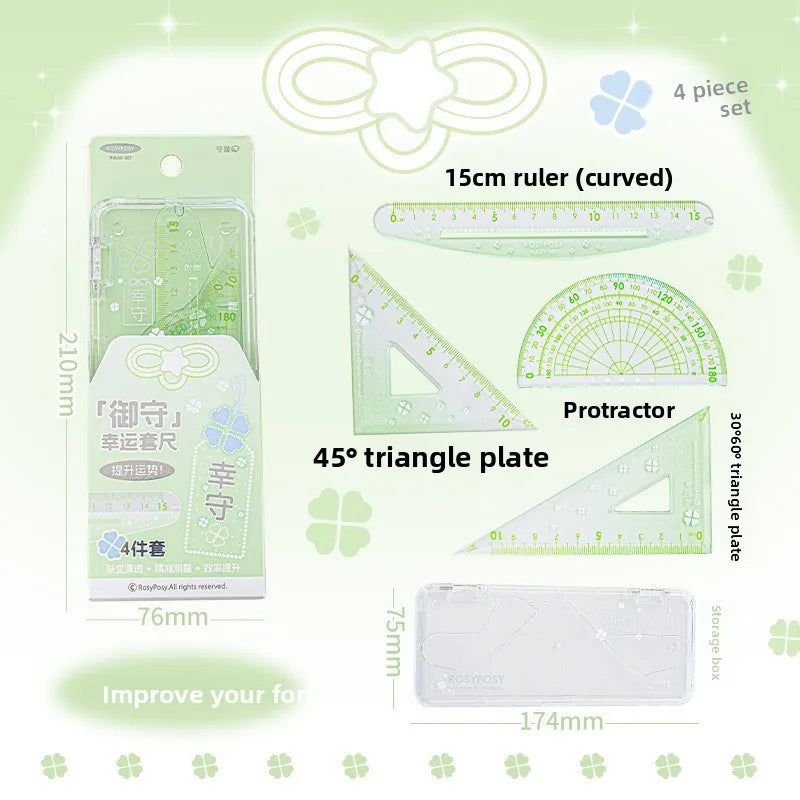 Ins Style Transparent Triangle Ruler Set Student Stationery Math Drawing Tools for School Ruler Set Tool Peaceful Pleasures Health and Wellness green-4pc