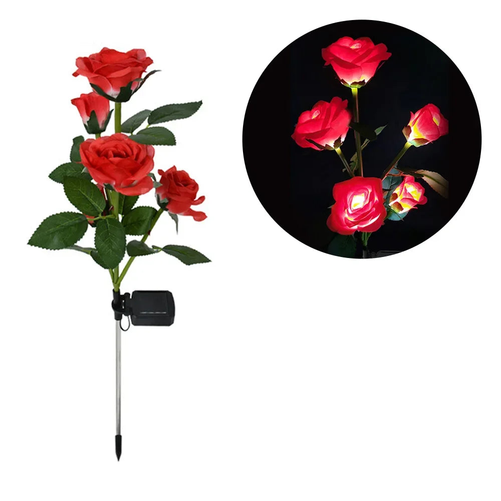 GGbingo 5 Heads Solar Lights Outdoor Decorative Solar Garden Lights Rose Flower Lawn Lamp for Yard Patio Garden Decor Peaceful Pleasures Health and Wellness Red