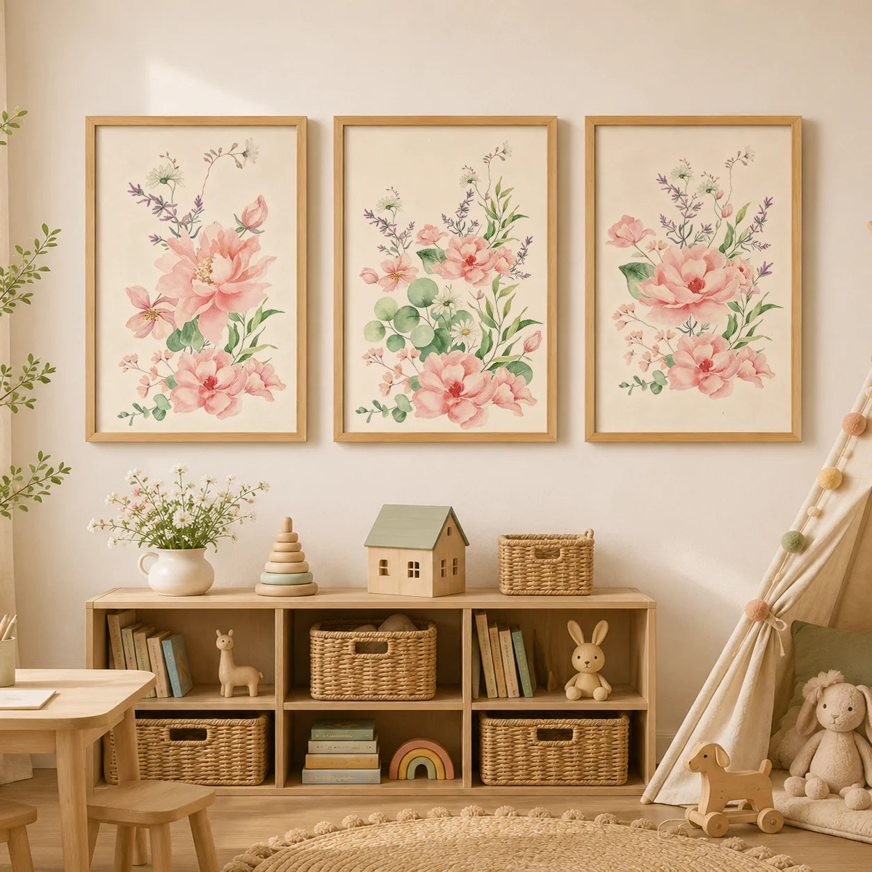 Custom Name Nursery Wall Art,pink Aesthetic wildflowers Canvas Painting, Nordic Poster Print for Baby, Toddler Kids Room Decor Peaceful Pleasures Health and Wellness
