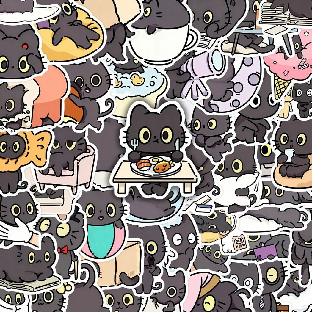 50Pcs Waterproof Kawaii Black Cat Sticker Cartoon Self-adhesive Funny Meme Sticker Animal Creative Stationery Sticker Peaceful Pleasures Health and Wellness