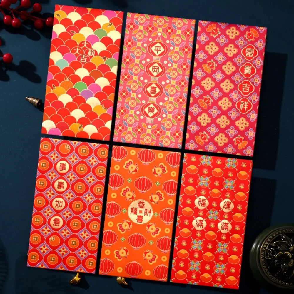 6pcs Hot Stamping Chinese New Year Red Envelope Rectangular Mixed Pattern Red Packet Thickened Solid Lucky Money Bag Peaceful Pleasures Health and Wellness Style J