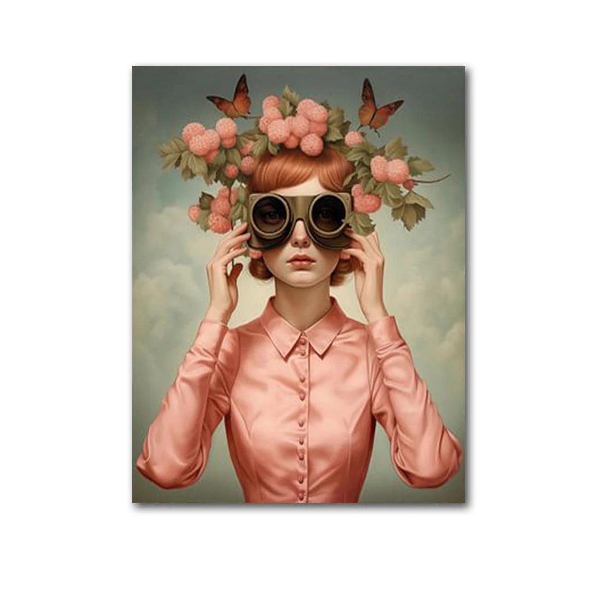 Nordic Boho Fashion Glasses Woman With Flowers Wall Art Canvas Painting Butterfly With Girl Portrait Poster Prints Mural Picture Peaceful Pleasures Health and Wellness QP10896-B 70x100cm No Frame
