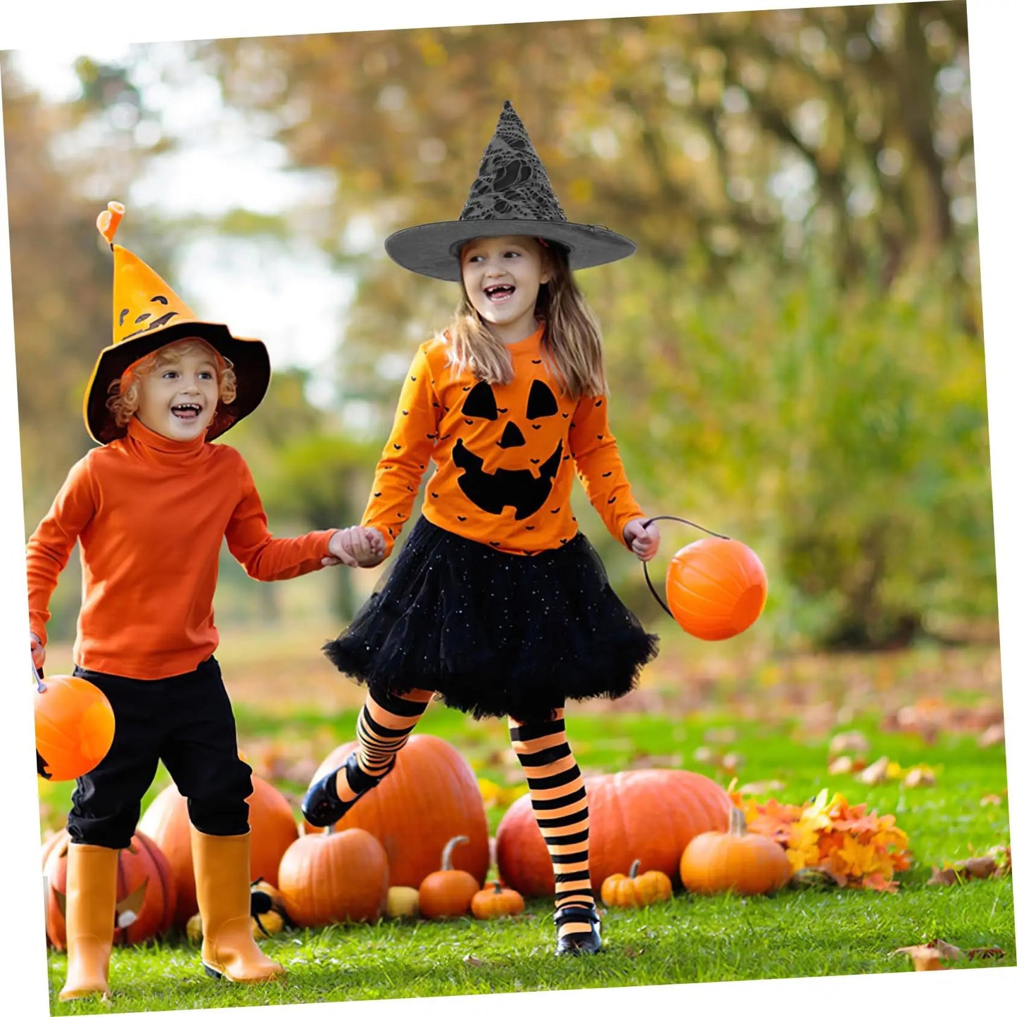 Halloween Witch Hat – Tulle Pumpkin Print Curved Brim Costume