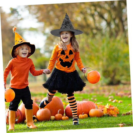 Halloween Witch Hat – Tulle Pumpkin Print Curved Brim Costume Halloween Costume Hat Oasis Select