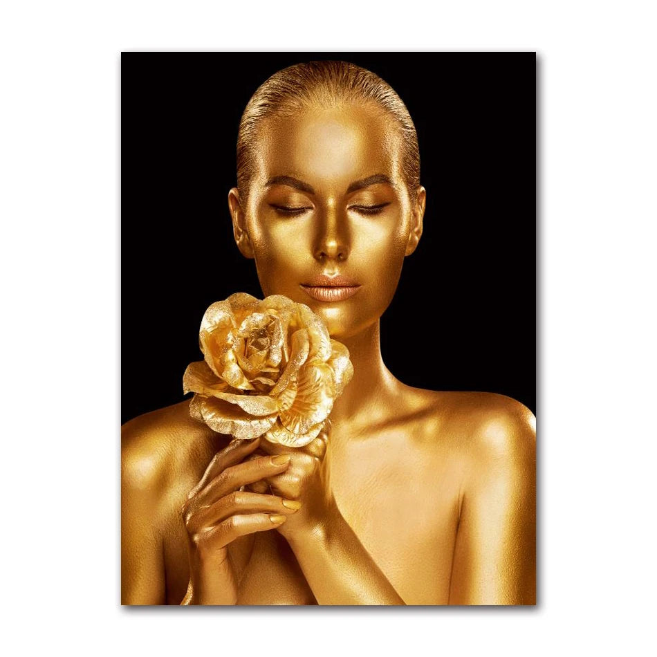 Gold Woman Oil Painting on Canvas Cuadros Posters and Prints Wall Art Picture for Living Room Sexy Nude African Black Peaceful Pleasures Health and Wellness 2874-03 40x60cm Unframed