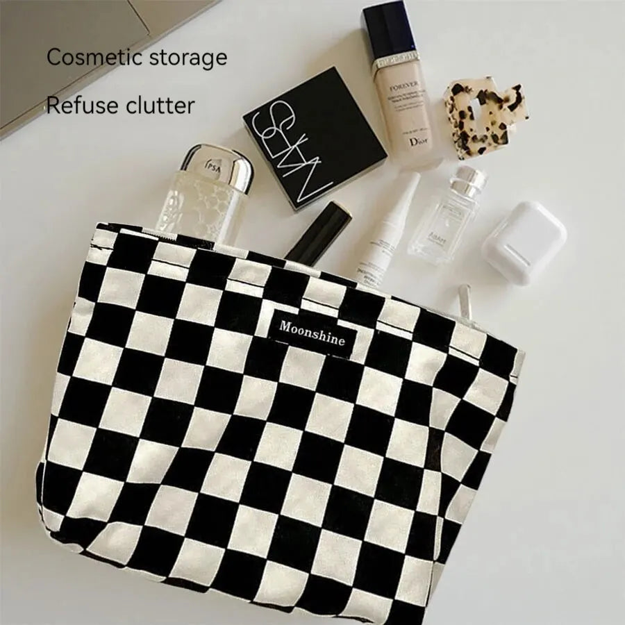 Black & White Plaid Large Cosmetic Bag | Checkerboard Toiletry