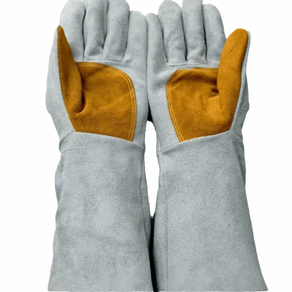 Soft Leather Heat Resistant Gloves Durable Thick Heat Insulation Leather Gloves Stretchable Wrist Cowhide Welding Gloves Peaceful Pleasures Health and Wellness Grey