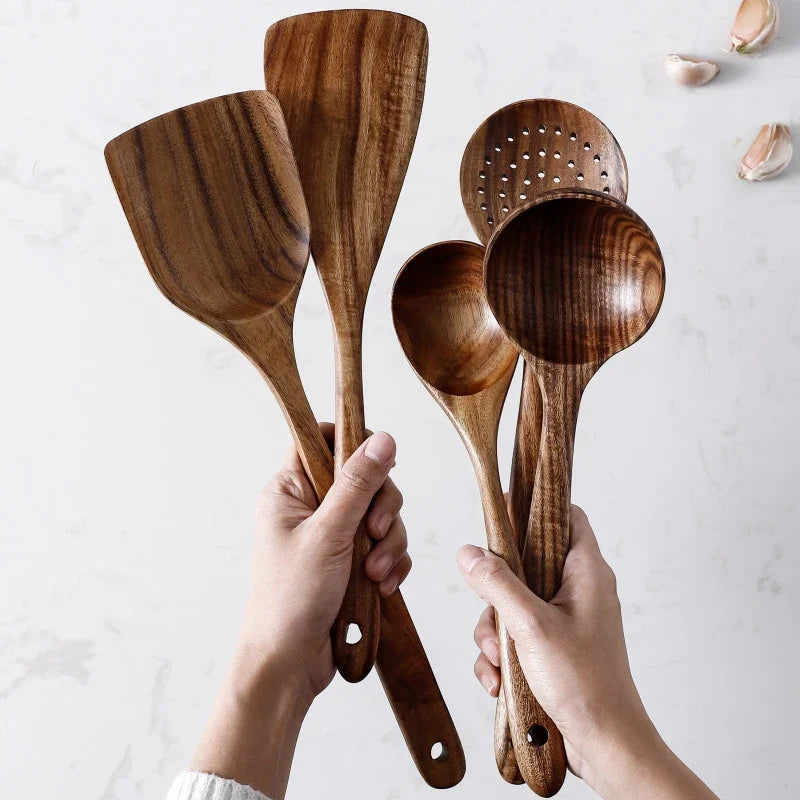 7pcs/set Teak Natural Wood Tableware Spoon Ladle Turner Rice Colander Soup Skimmer Cooking Spoon Scoop Kitchen Reusable Tool Kit Peaceful Pleasures Health and Wellness