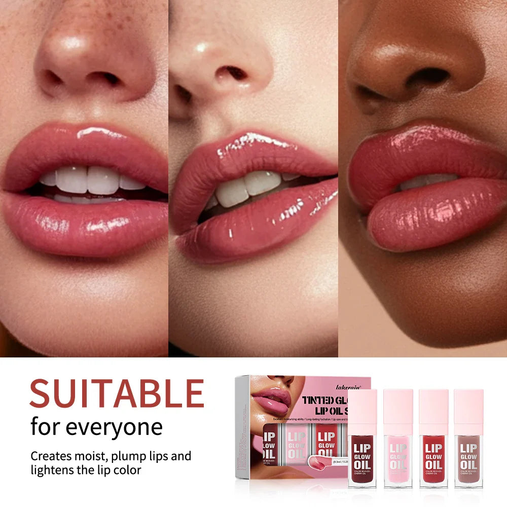 Tinted Glow Lip Oil Set – 4-Piece Jelly Lip Gloss & Balm