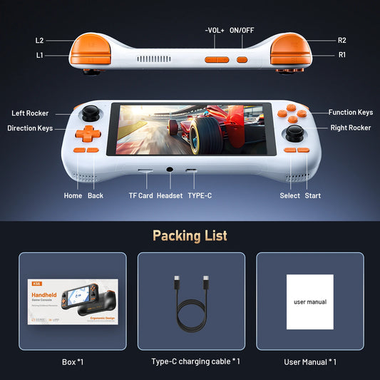 K56 Android 14 portable gaming console with 5.5-inch touchscreen and over 50 retro video game emulators for DC/MAME/SS/PSP Peaceful Pleasures Health and Wellness