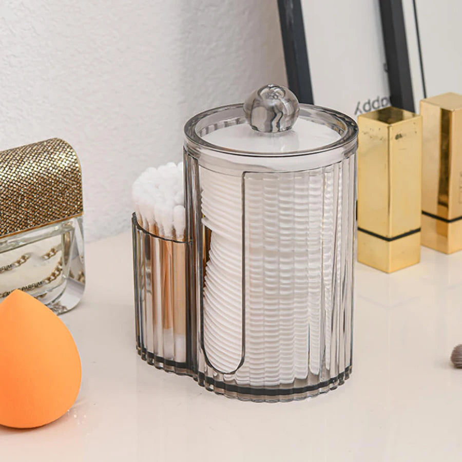 2-Grid Q-tip & Cotton Ball Dispenser Canister – Plastic Vanity Organizer for Cotton Swabs, Rounds & Pads