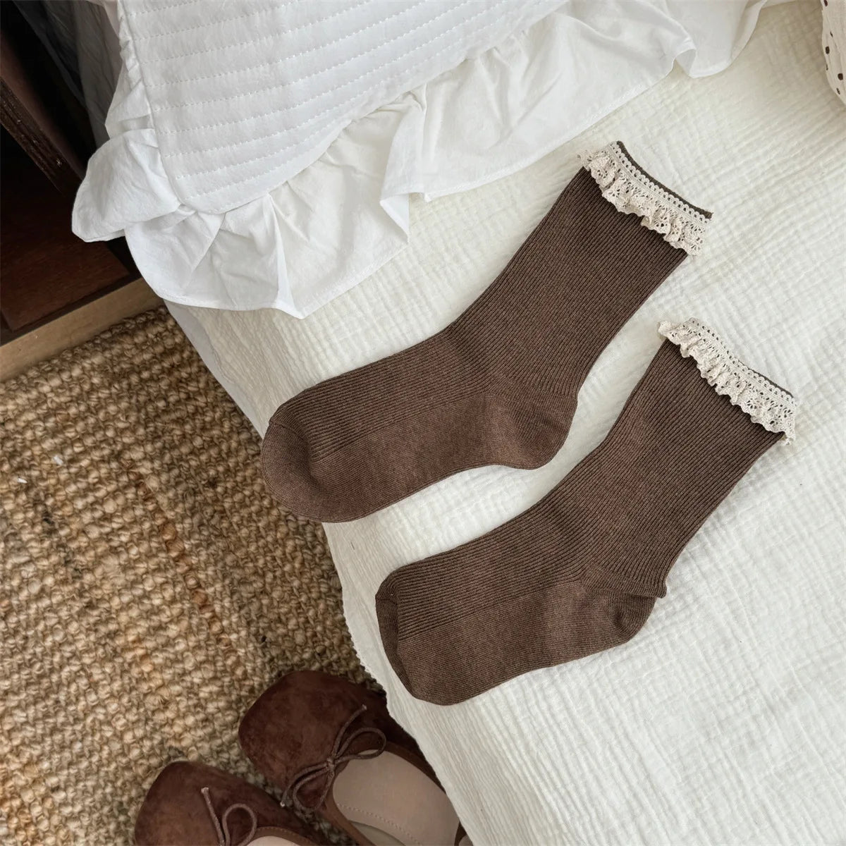 Korean Style Socks Sweet Lace Mid Calf Socks Ballet Style Girls Double Needle Slouch Socks for Women Daily Casual Fashion Wear Peaceful Pleasures Health and Wellness C One Size