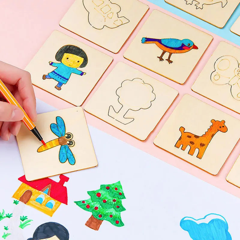 Wooden DIY Painting Stencils Kids Tools Doodle Educational Gifts Boys