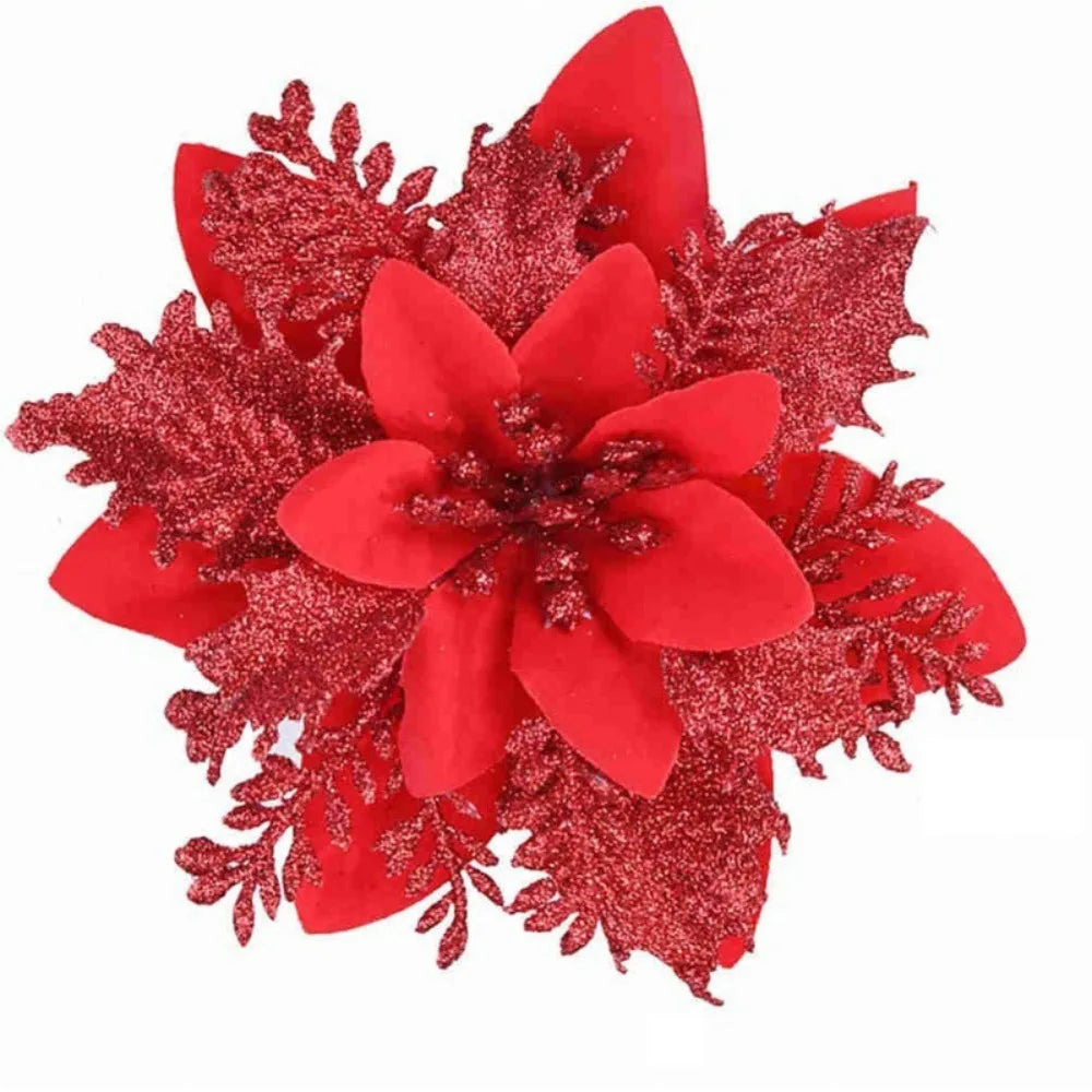 10-Pack Glitter Christmas Flower Ornaments 14cm | Pink Gold Red