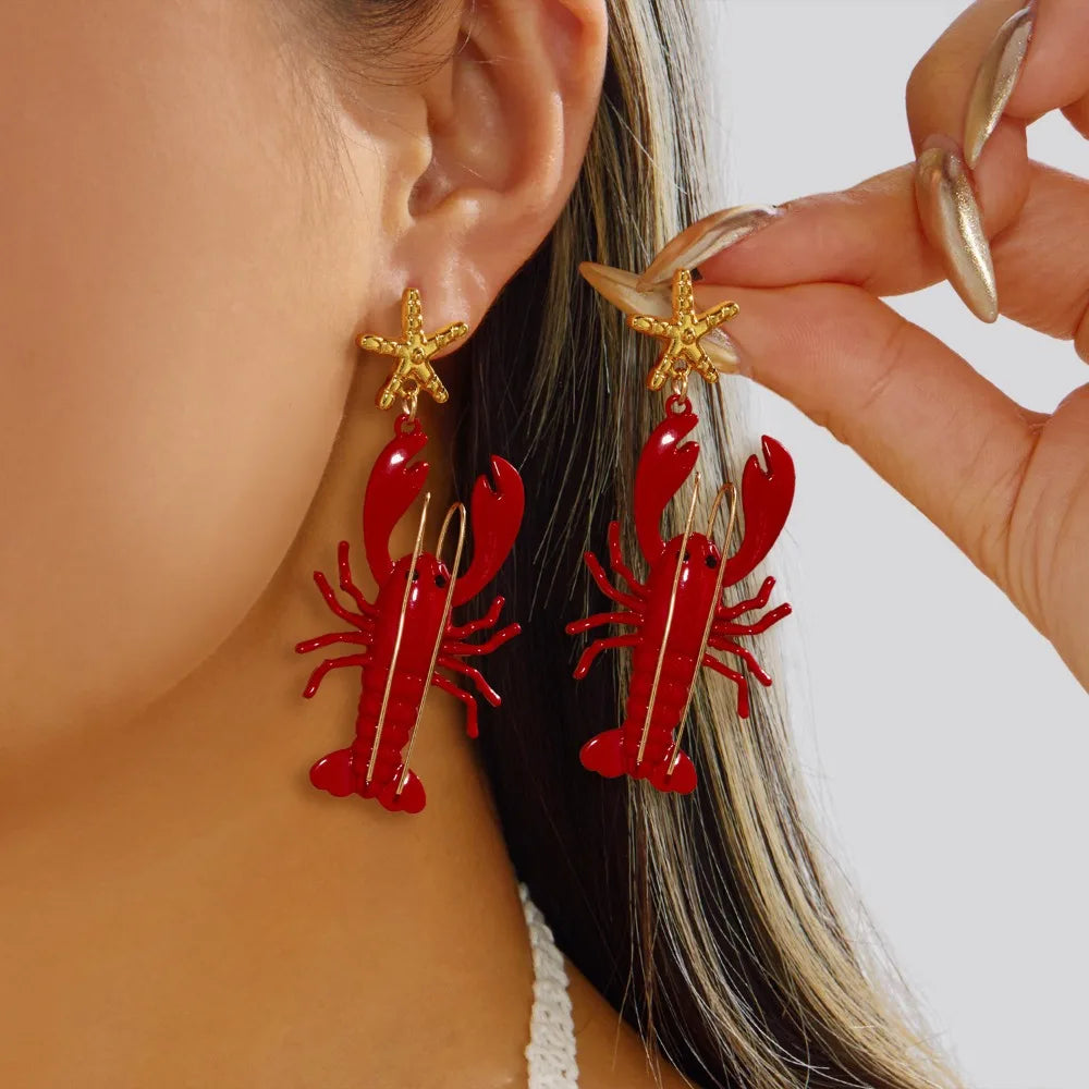 Lobster Drop Earrings – Enamel & Crystal Zircon Ocean Jewelry