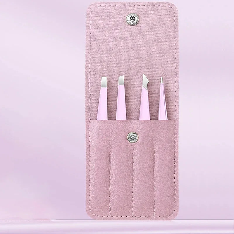 4-Pack Stainless Steel Precision Tweezers Set | Eyebrow & Lash