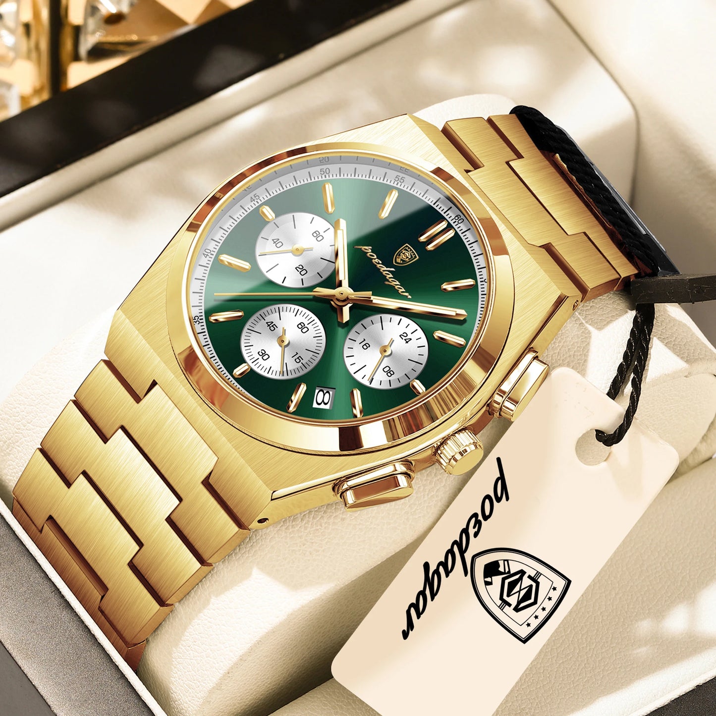 POEDAGAR Top Business Men's Watch Chronograph Date Stainless Steel Classic Man Clock Waterproof Luminous Quartz Watches For Men Peaceful Pleasures Health and Wellness Gold Green White China Mainland