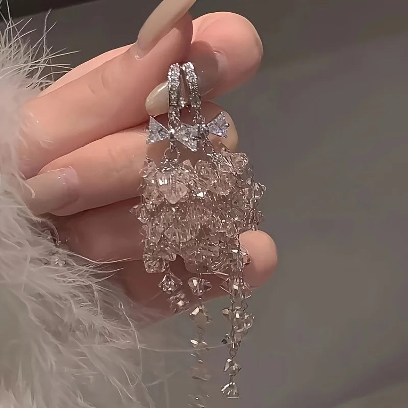 Sweet and Gentle Earrings Summer Pink Light Luxury Long Crystal Tassel Earrings Exquisite Personalized Light Luxury Ear Buckles Peaceful Pleasures Health and Wellness