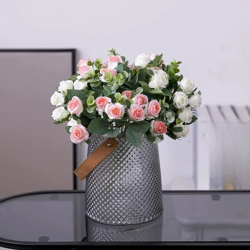 11 Heads Artificial Bouquet Eucalyptu Roses Flower Weddings Decor