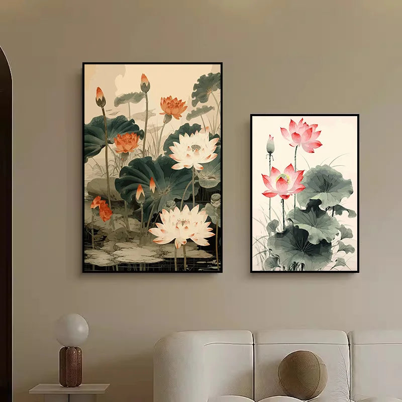 Chinese Lotus Flower Canvas Wall Art Print | Unframed Poster