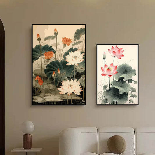 Chinese Lotus Flower Canvas Wall Art Print | Unframed Poster Canvas Wall Art Print Peaceful Pleasures Health and Wellness