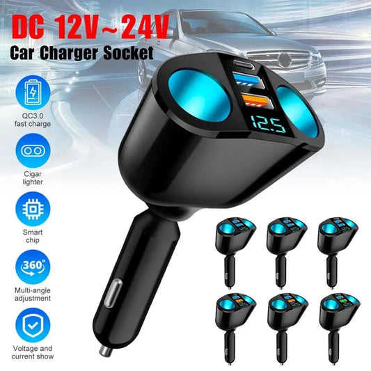 Car Cigarette Lighter 12V-24V Socket Splitter Blue Atmosphere Light PD QC3.0 2 USB Charger C Ports For Mobile Phone DVR Chargers Peaceful Pleasures Health and Wellness