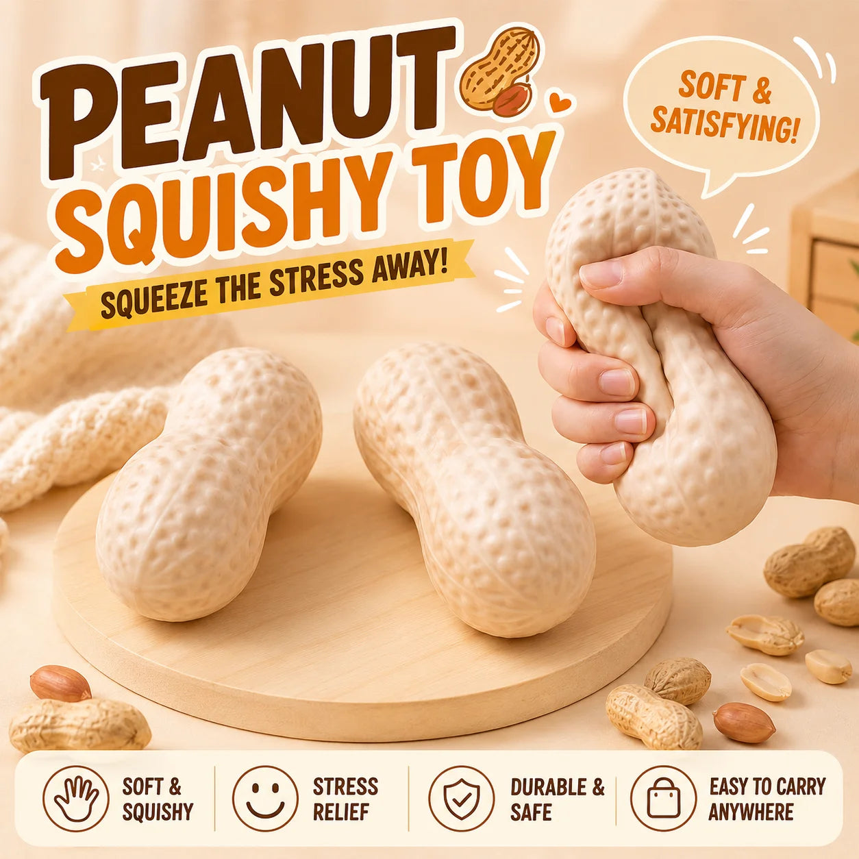 Peanut Squishy Squeeze Fidget Toy – 3-Pack TPR Sensory Set