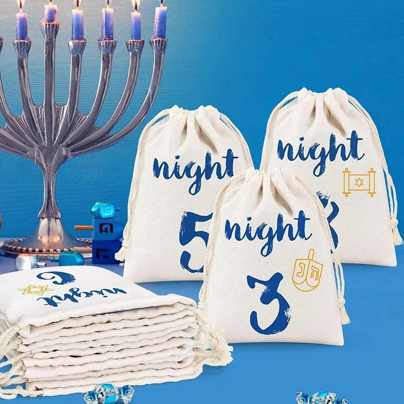 8 Nights Hanukkah Drawstring Bags | Chanukah Countdown Pouches Holiday Countdown Pouches Peaceful Pleasures Health and Wellness