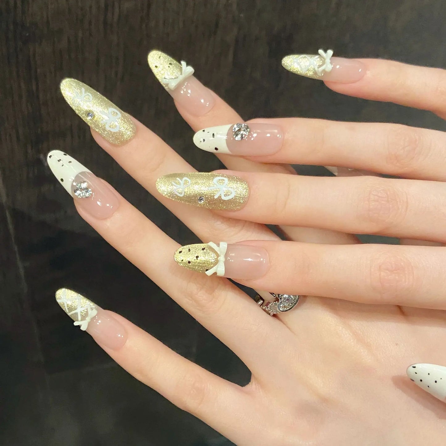 YADORNOS Press On Nails | Korean Bow Gold Cat Eye 10pc