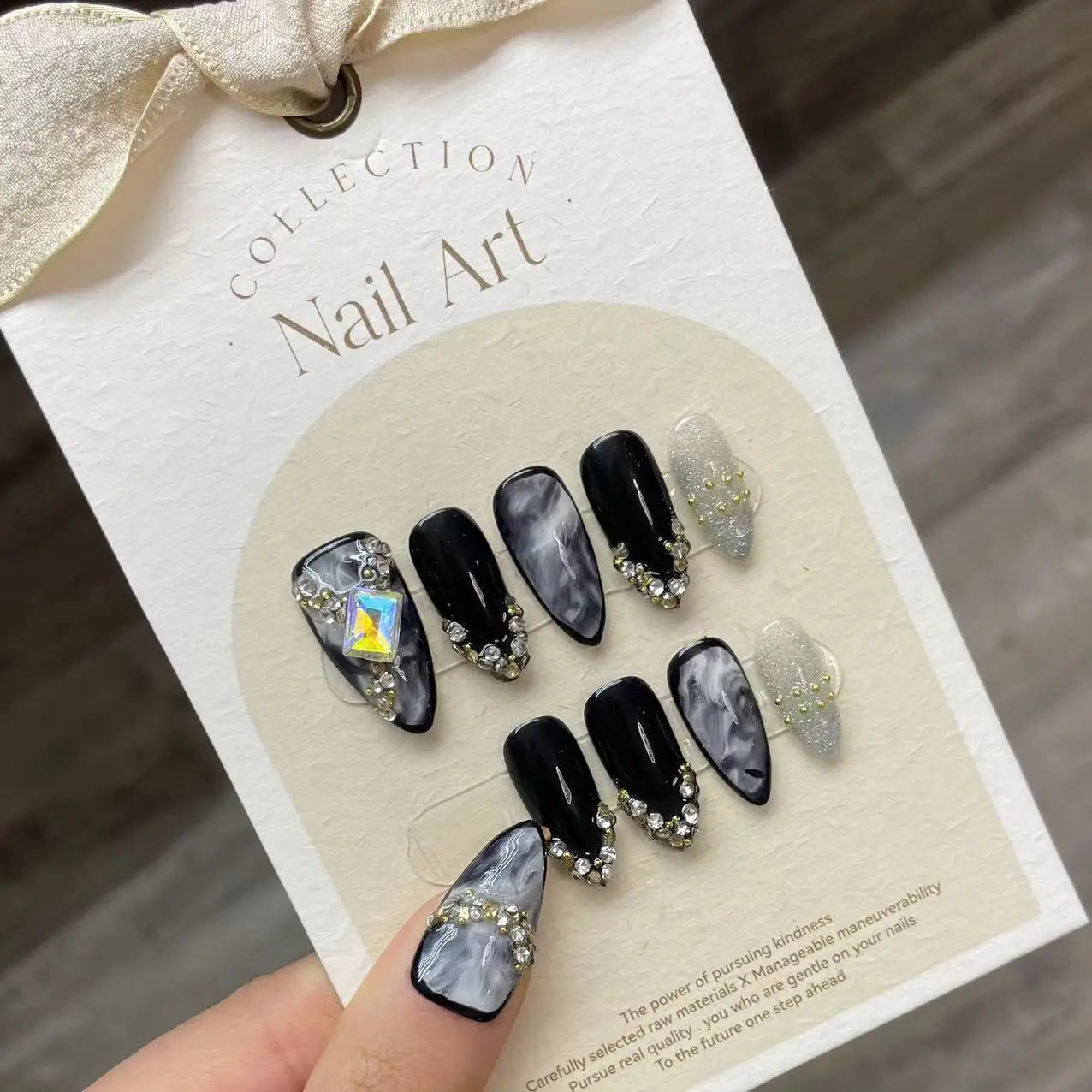 Handmade Press on Nails Black Cool European Fake Nails with Crystal Design Women Wearable Detachable Glitter Almond False Nails Peaceful Pleasures Health and Wellness
