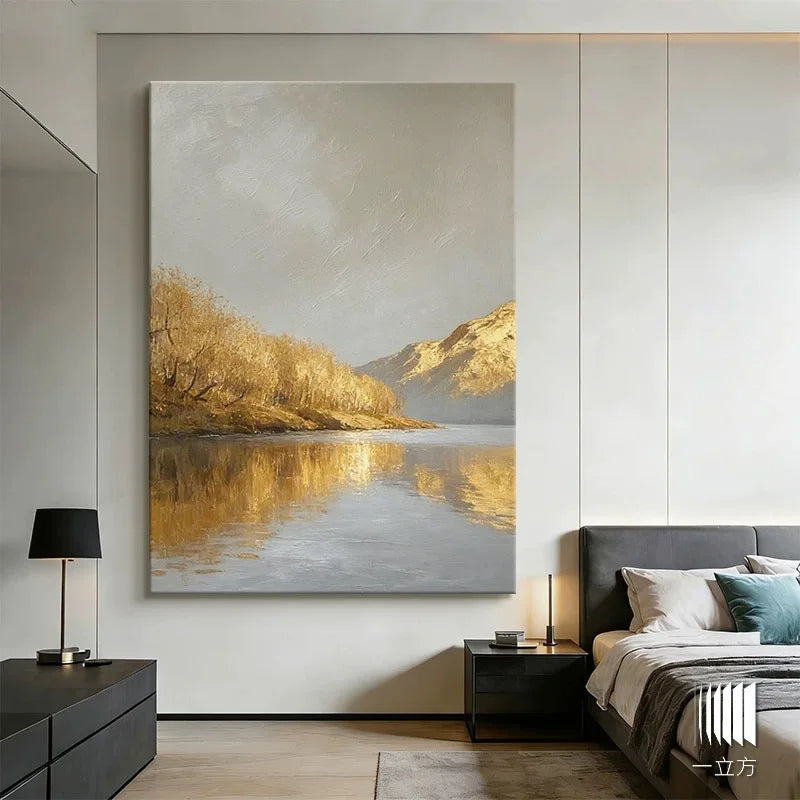 Hand Painted Canvas Oil Painting Abstract Gold Mountains TreesLandscape Poster Wall Art Picture Home Decor Mural For Living Room Peaceful Pleasures Health and Wellness