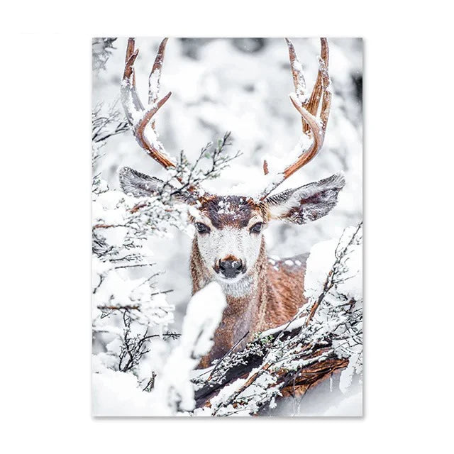 Christmas Deer & Squirrel Snow Scene Canvas Wall Art Print