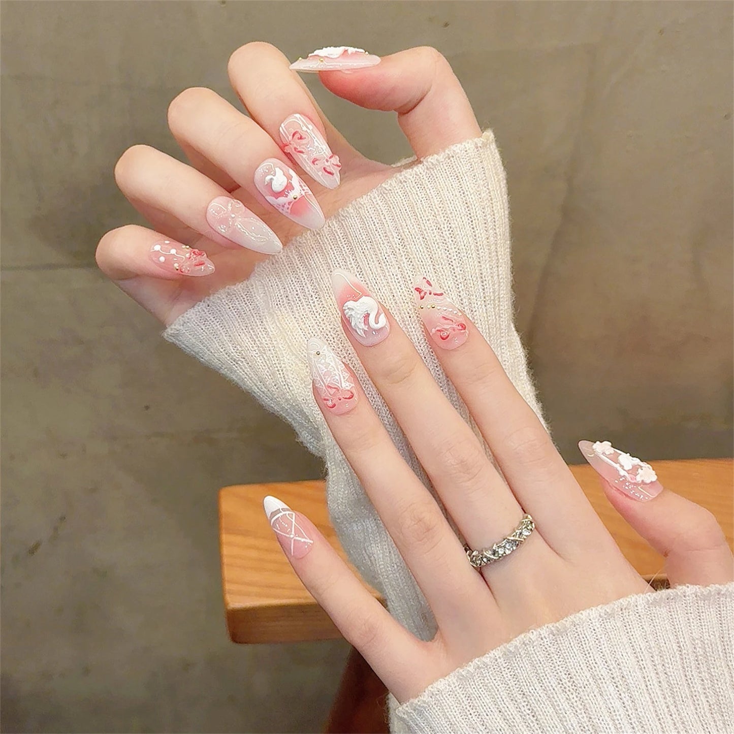 Light Pink Almond Press On Nails | 3D Swan French Tips